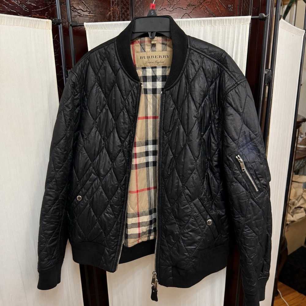 Burberry London Mens XL Black Quilted Bomber Jacket Nova Check Plaid Lined Coat